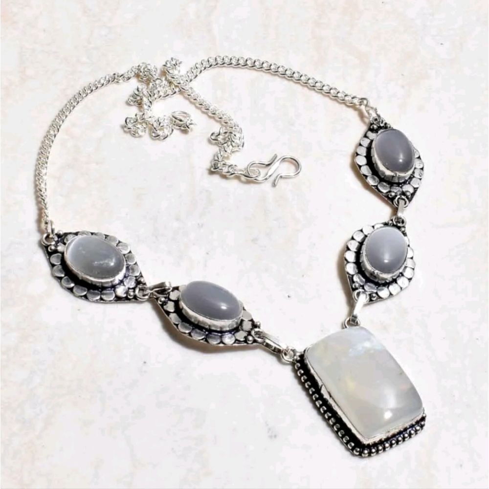 Rainbow Moonstone Cat Eye Ethnic Handmade Necklace Jewelry 32 Gms